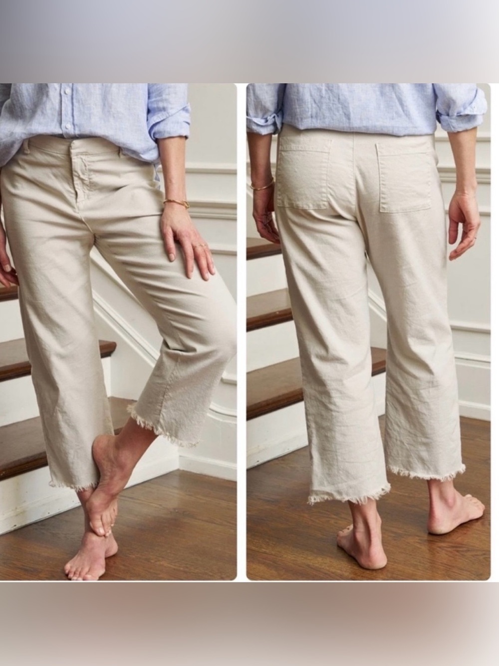 Frank & Eileen Pants Kinsale Linen Blend Beige Raw Hem Crop Womens Size 12 USA